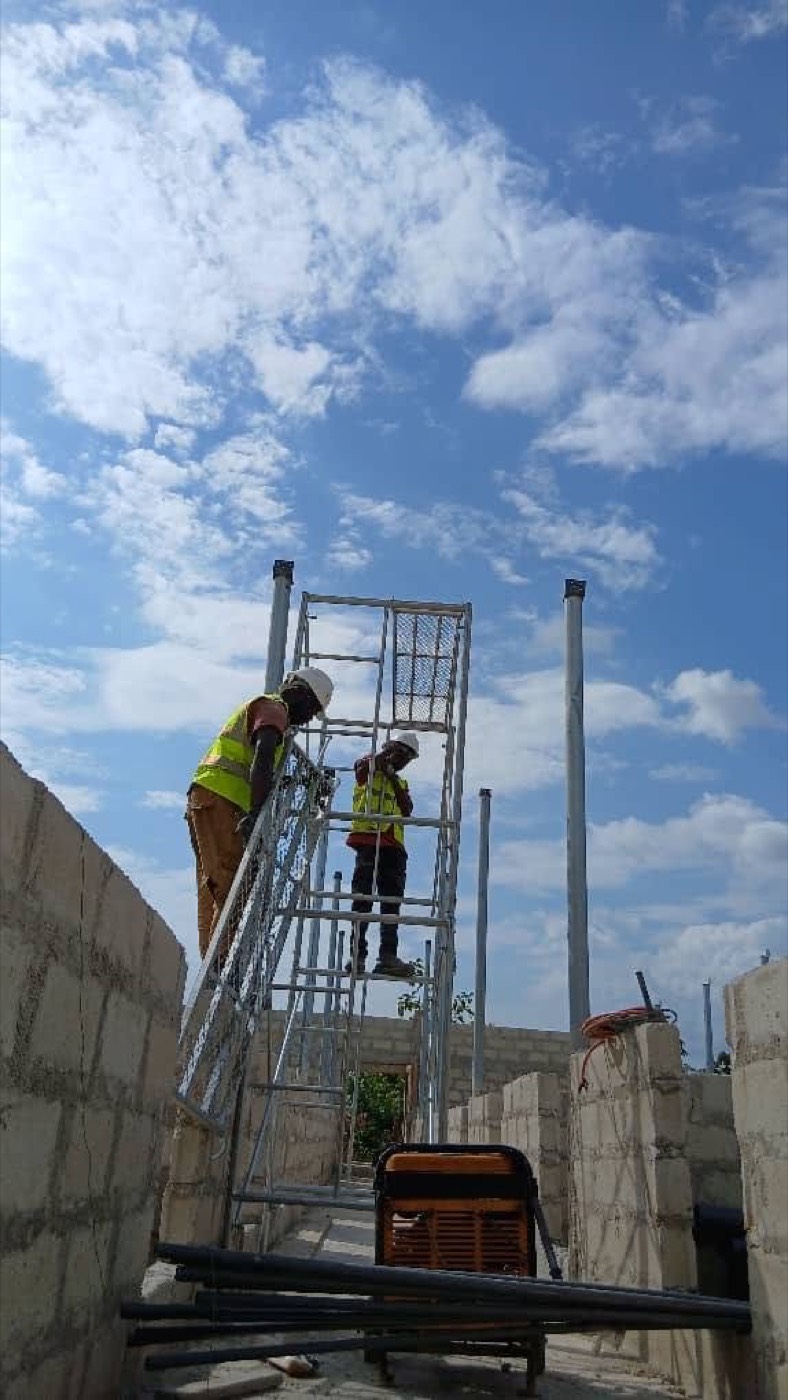Suspended slab pour in progress on the TRI-PUMP Ghana office complex in Obuasi